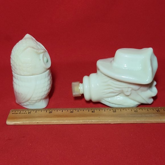 VTG Avon Collectibles Owl & Cowboy Cream Glass Decanter Set of 2 - Picture 5 of 11